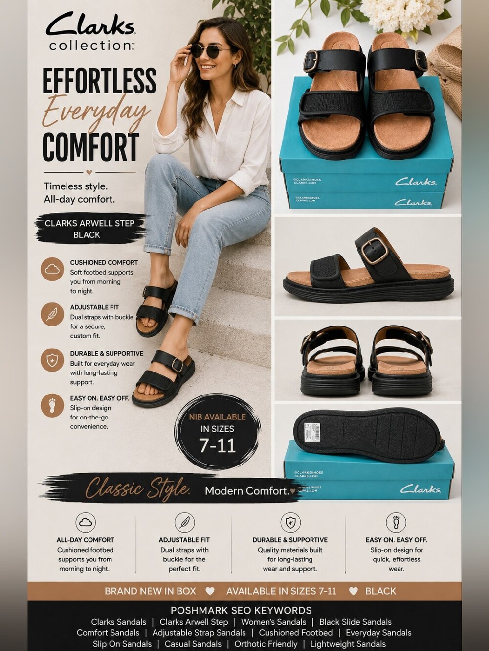 Clarks Arwell Step Black Comfort Slide Sandals Adjustable Straps NIB Sizes 7-11